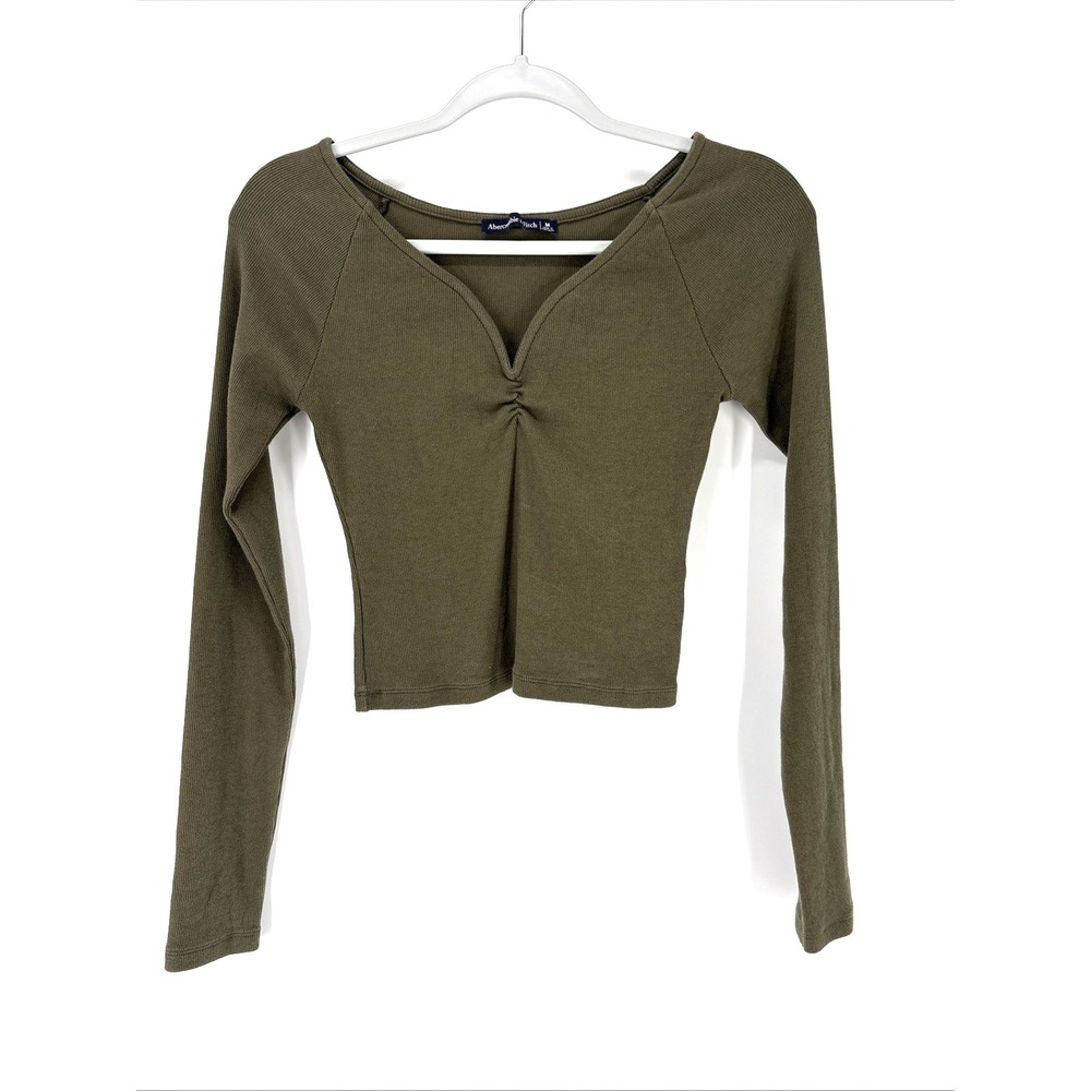 Abercrombie & Fitch Ribbed Crop Top Womens Medium Olive Sweetheart Neckline LS